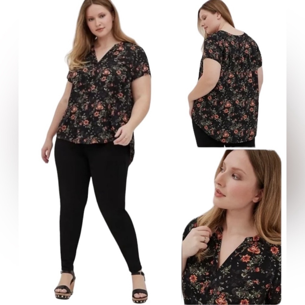 Torrid Black Floral Top Blouse Notch Short Sleeve Semi-Sheer Babydoll Size 4X